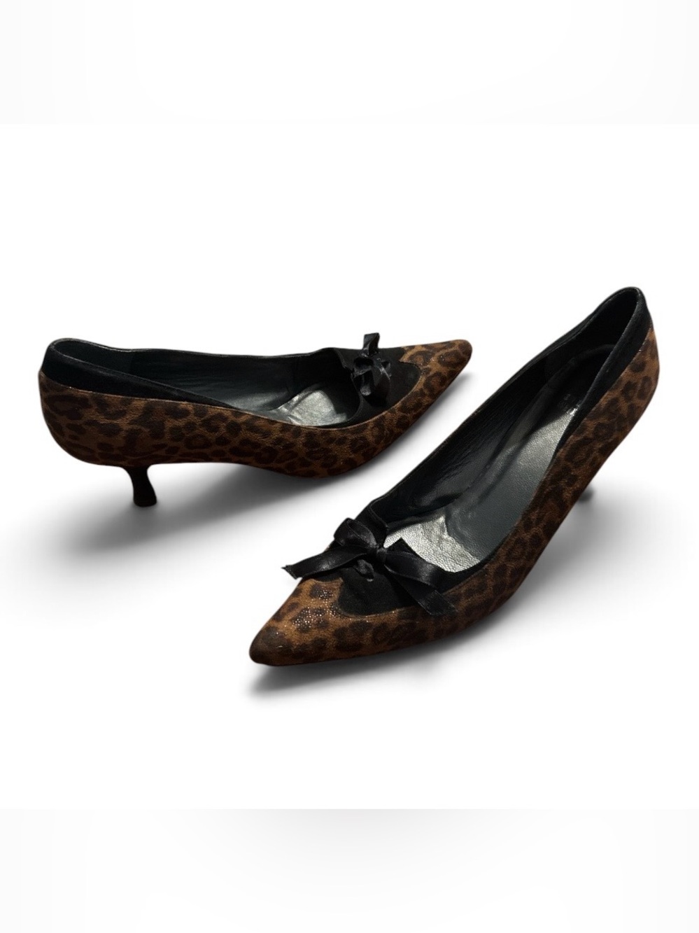 Stuart Weitzman Leopard Print Brown and Black Pointed-Toe Kitten Heels with Bow